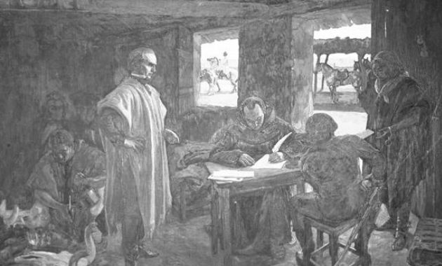 Ilustración de Artigas en el interior de un rancho firmando unos documentos