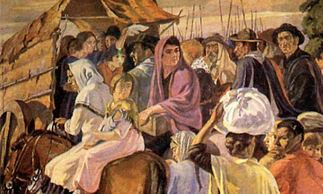 Ilustración de un grupo de hombres, mujeres y niños caminando al costado de una carreta. 
