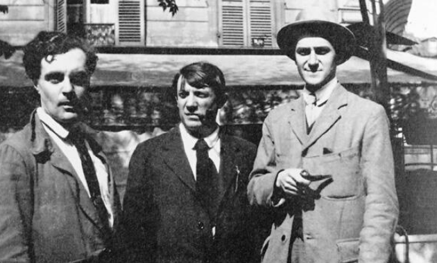 Fotografía de Amadeo Modigliani, Pablo Picasso y André Salmon en París, en 1916