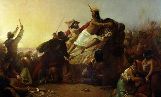 Ilustració de Pizarro capturando al inca Atahualpa. 