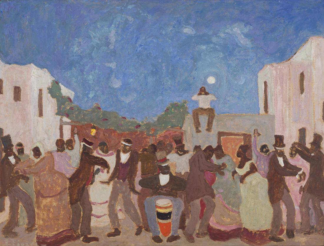 Pintura de Figari que muestra una escena de danza candombe bajo cielo abierto