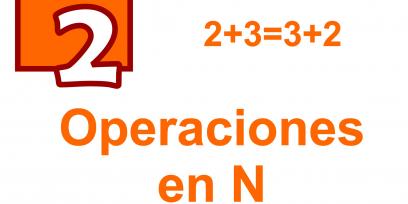 Imagen con el número 2, y el texto Operaciones en N. Aparece la expresión 2+3=3+2