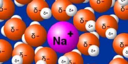 Representación de catión sodio rodeado por moléculas de agua