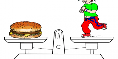Dibujo de balanza con una hamburguesa en un platillo y un hombre corriendo en otro.