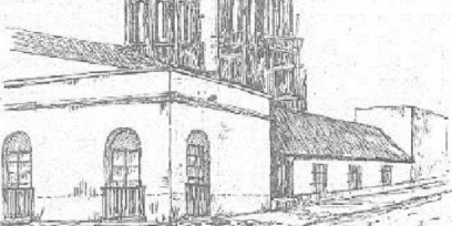 Dibujo de Florida en el año 1898. Calles Ituzaingó e Independencia. Al fondo se pueden ver las torres de la catedral en construcción