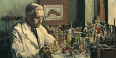 Retrato de Alexander Fleming trabajando en un laboratorio 