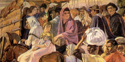 Ilustración de un grupo de hombres, mujeres y niños caminando al costado de una carreta. 