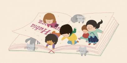 Imagen de ilustraciones de niños sobre un libro abierto.