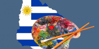 contorno del Uruguay y paleta de pintor superpuesta
