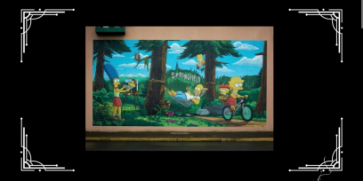 Los Simpson con el cartel de su ciudad Springfield