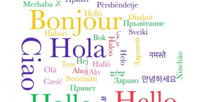 Imagen de la palabra hola en diferentes idiomas, colores y formas.