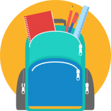 Una mochila de estudiante con cuadernos, lapices y reglas.