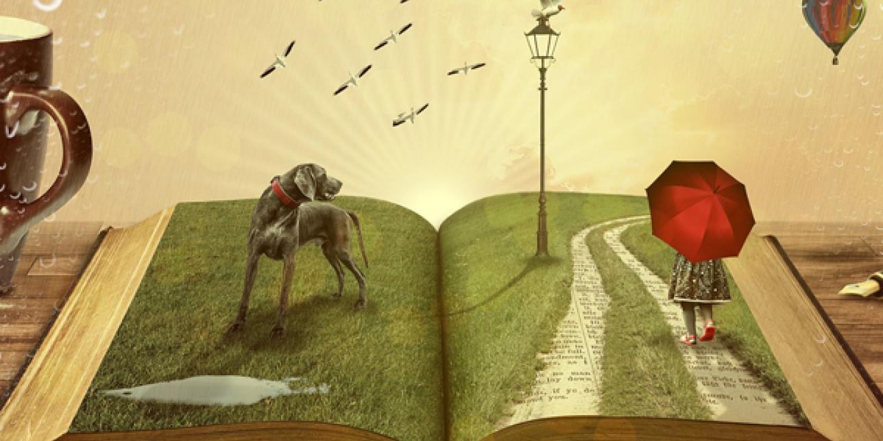 Ilustración de un libro abierto de donde salen un perro y una niña con un paraguas