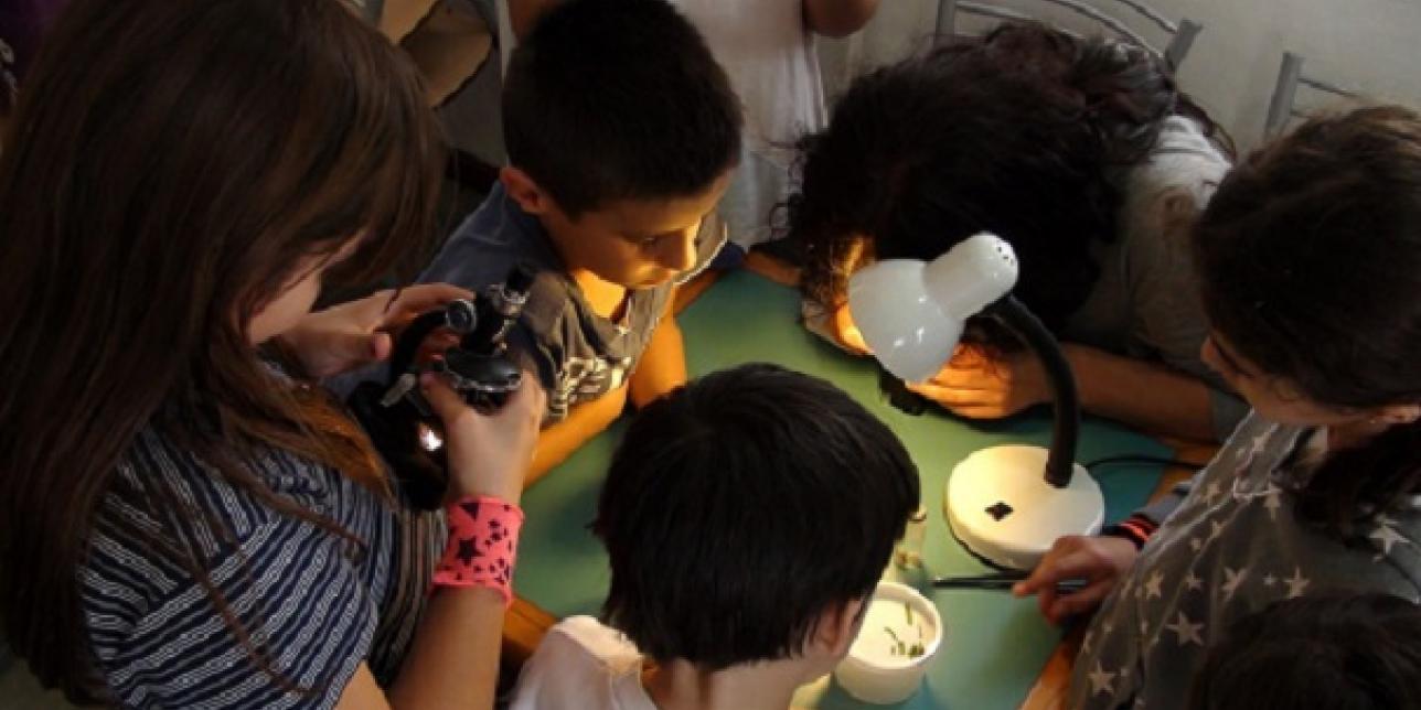 Fotografía de un grupo de niños utilizando un microscopio