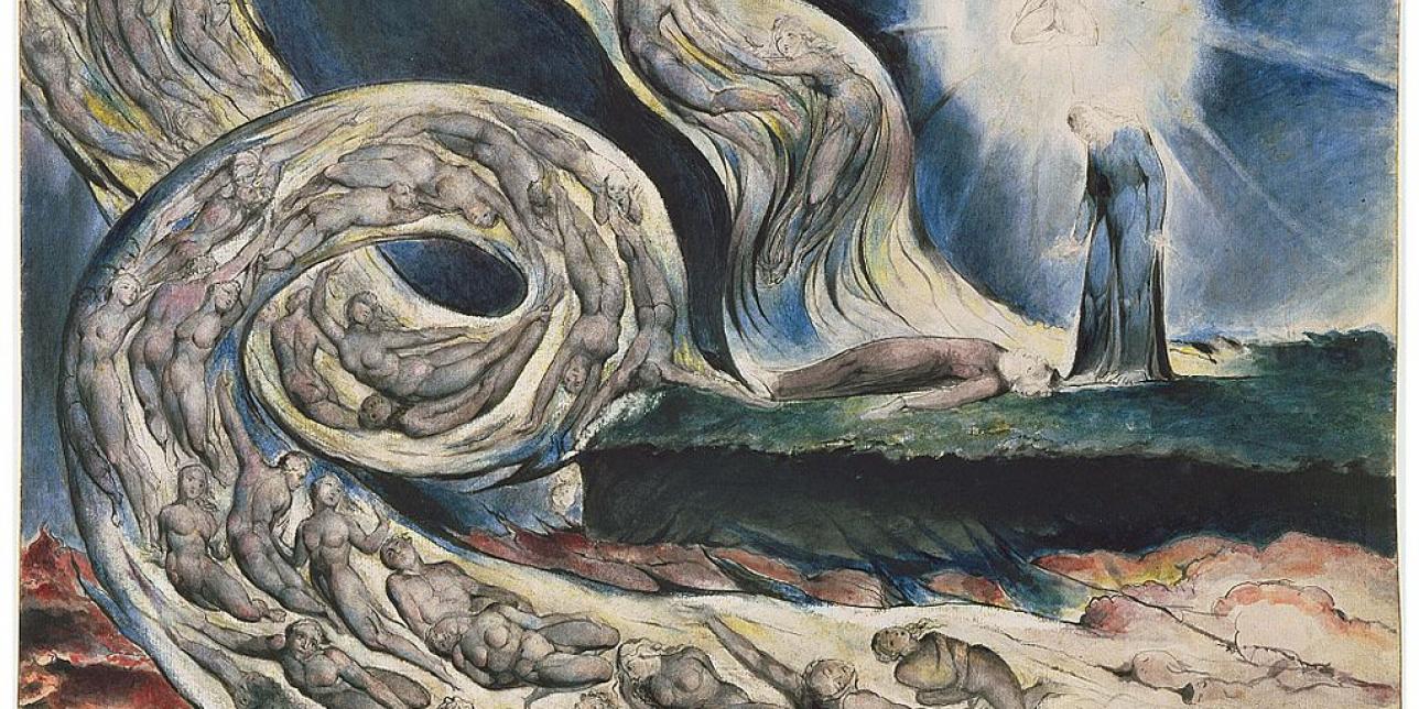 Pintura de William Blake que recrea el castigo de los lujuriosos envueltos en una tromba que los arrastra.