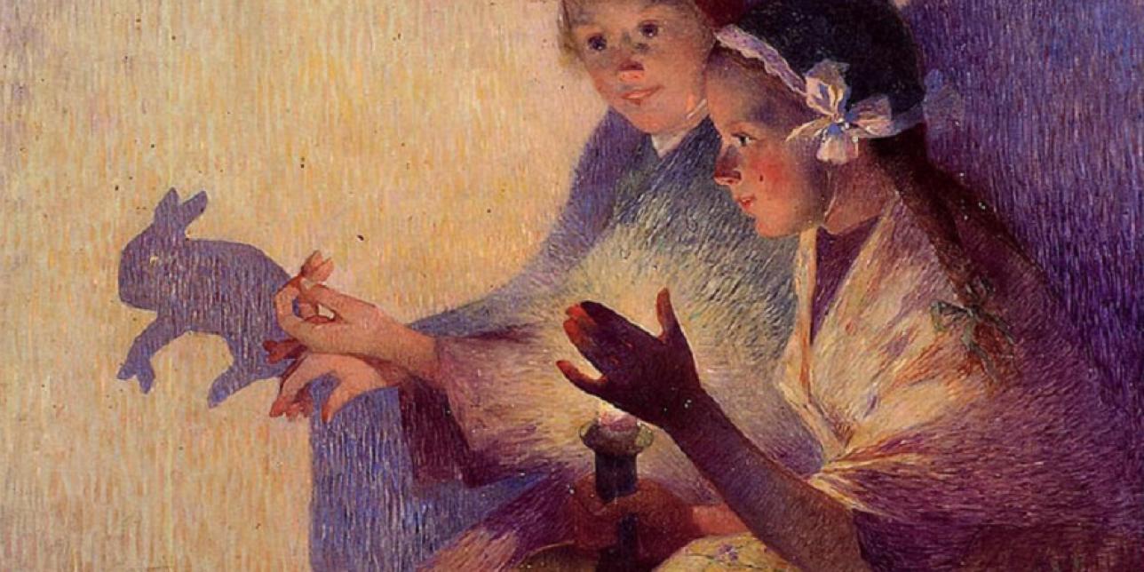 Pintura de dos niñas haciendo sombras con sus manos con la ayuda de una vela encendida y una pared blanca