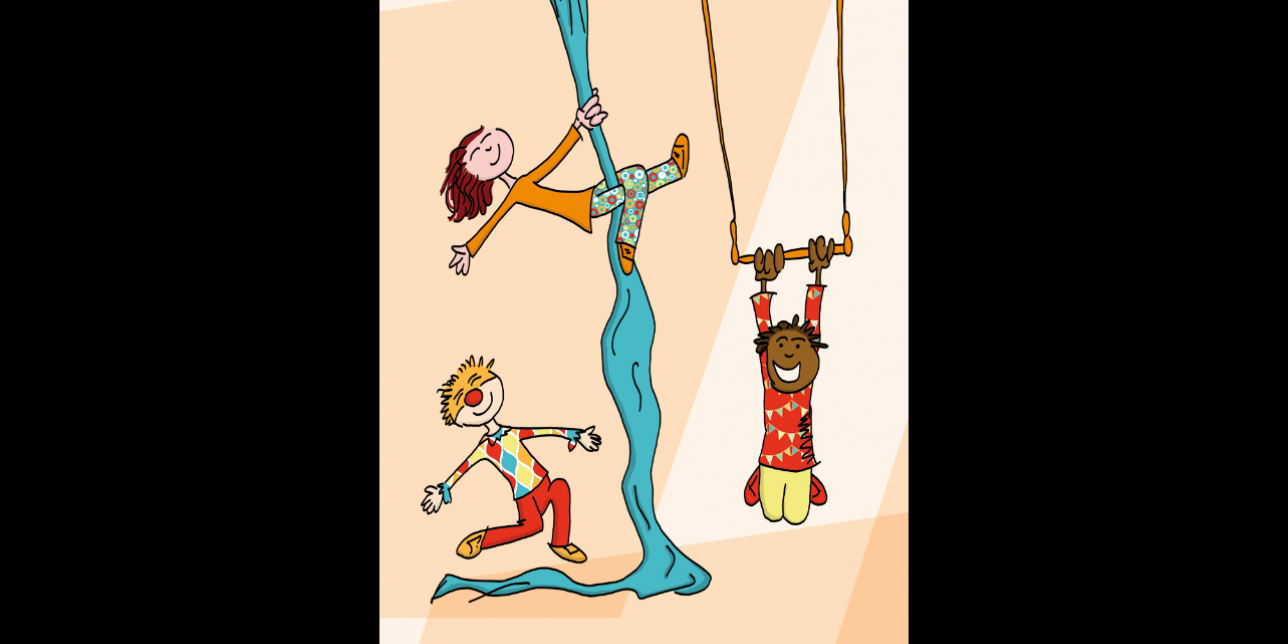Dibujo con personajes caracterizado para el circo, haciendo acrobacias aéreas y un payaso en el suelo