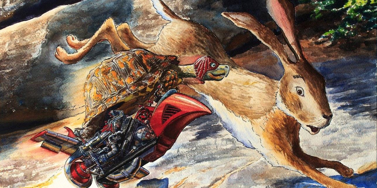 Imagen decorativa con dibujo de la carrera entre la liebre y la tortuga
