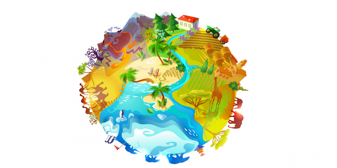 Dibujo del planeta Tierra con animales y vegetales