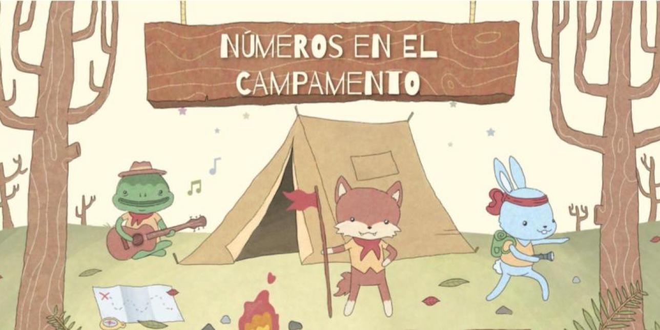 dibujo de campamento en el bosque con carpa y animales