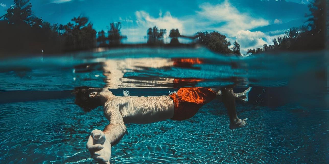 Hombre flotando en el agua, con los brazos extendidos. Cielo celeste con algunas nubes. 