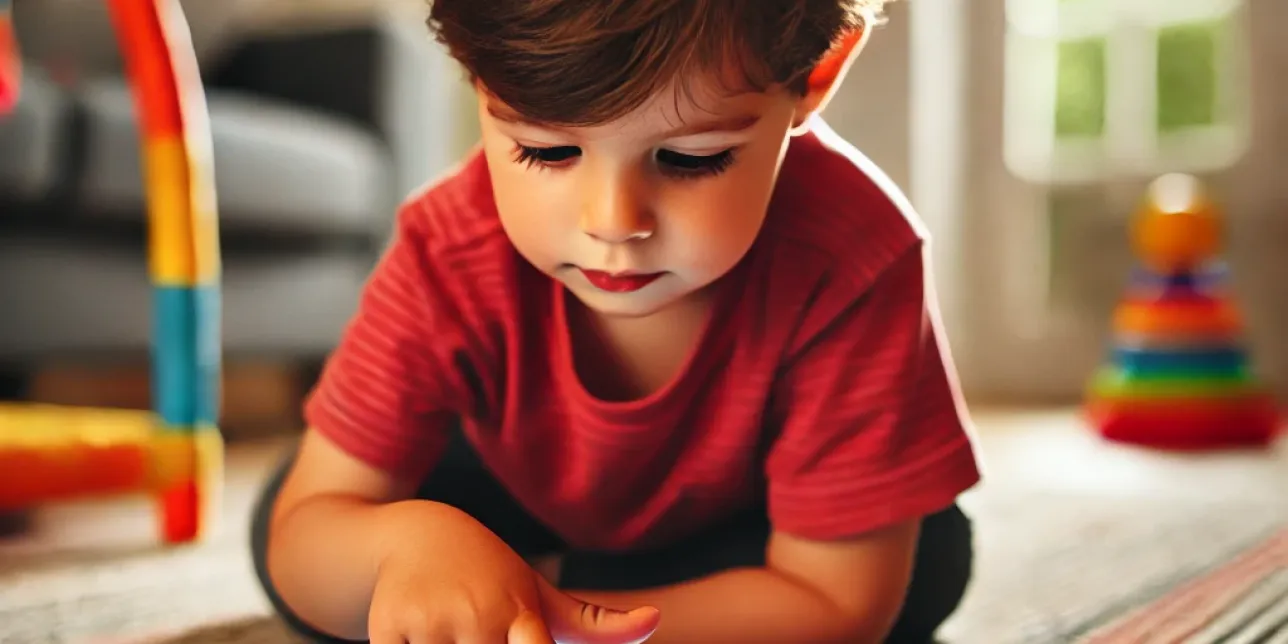 Niño seleccionando objetos con su dedo índice en una tablet.