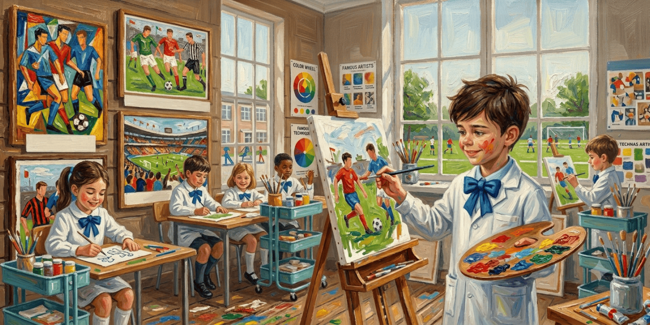 Imagen animada. Niños escolares pintan obras sobre fútbol en un salón de clase. 