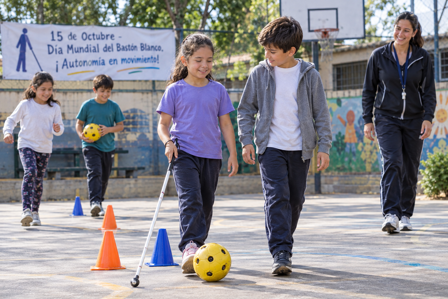 Niña ciega utiliza un bastón blanco mientras guía una pelota amarilla en una clase inclusiva de Educación Física, acompañada por sus compañeros y docente, en el marco del Día Mundial del Bastón Blanco.