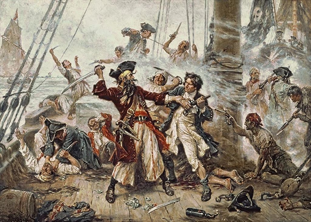 Pintura de 1920 de Jean Leon Gerome Ferris, que interpreta la contienda entre Barbanegra y el teniente Robert Maynard. Pintura de 1920 de Jean Leon Gerome Ferris, que interpreta la contienda entre Barbanegra y el teniente Robert Maynard.