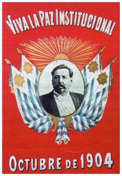 Cartel que anuncia el final de la Revoluci&oacute;n de 1904 con Jos&eacute; Batlle y Ord&oacute;&ntilde;ez, expresidente uruguayo, en primer plano.