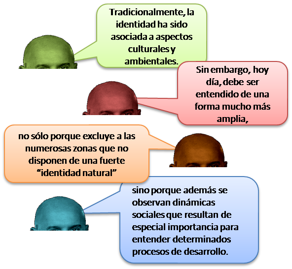 Tradicionalmente, la identidad ha sido asociada a aspectos culturales y ambientales. Sin embargo, hoy d&iacute;a, debe ser entendido de una forma mucho m&aacute;s amplia, no s&oacute;lo porque excluye a las numerosas zonas que no disponen de una fuerte &ldquo;identidad natural&rdquo; sino porque adem&aacute;s se observan din&aacute;micas sociales que resultan de especial importancia para entender determinados procesos de desarrollo. 