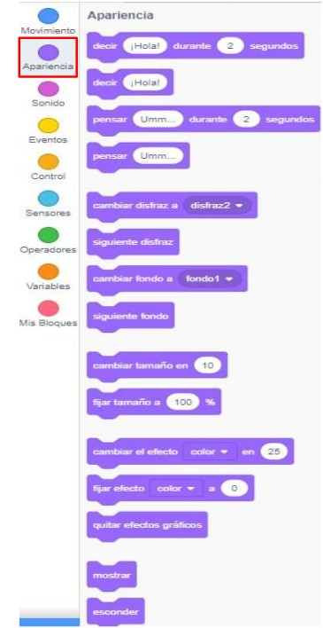 Bloques de la categoría Apariencia de Scratch