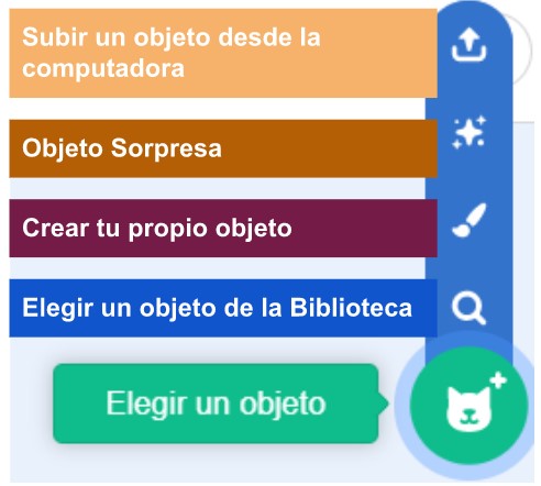 Gatito con opciones de cómo elegir un objeto en Scratch: elegir un objeto de la biblioteca, pintar un objeto, elegir un objeto sorpresa o subir un objeto desde la computadora
