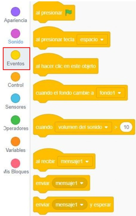 Bloques de la categoría Eventos de Scratch