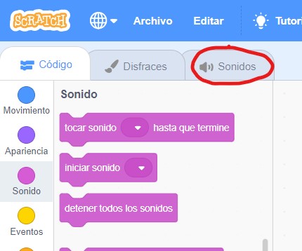 Pestaña Sonidos de Scratch