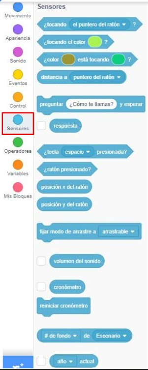 Bloques de la categoría Sensores en Scratch