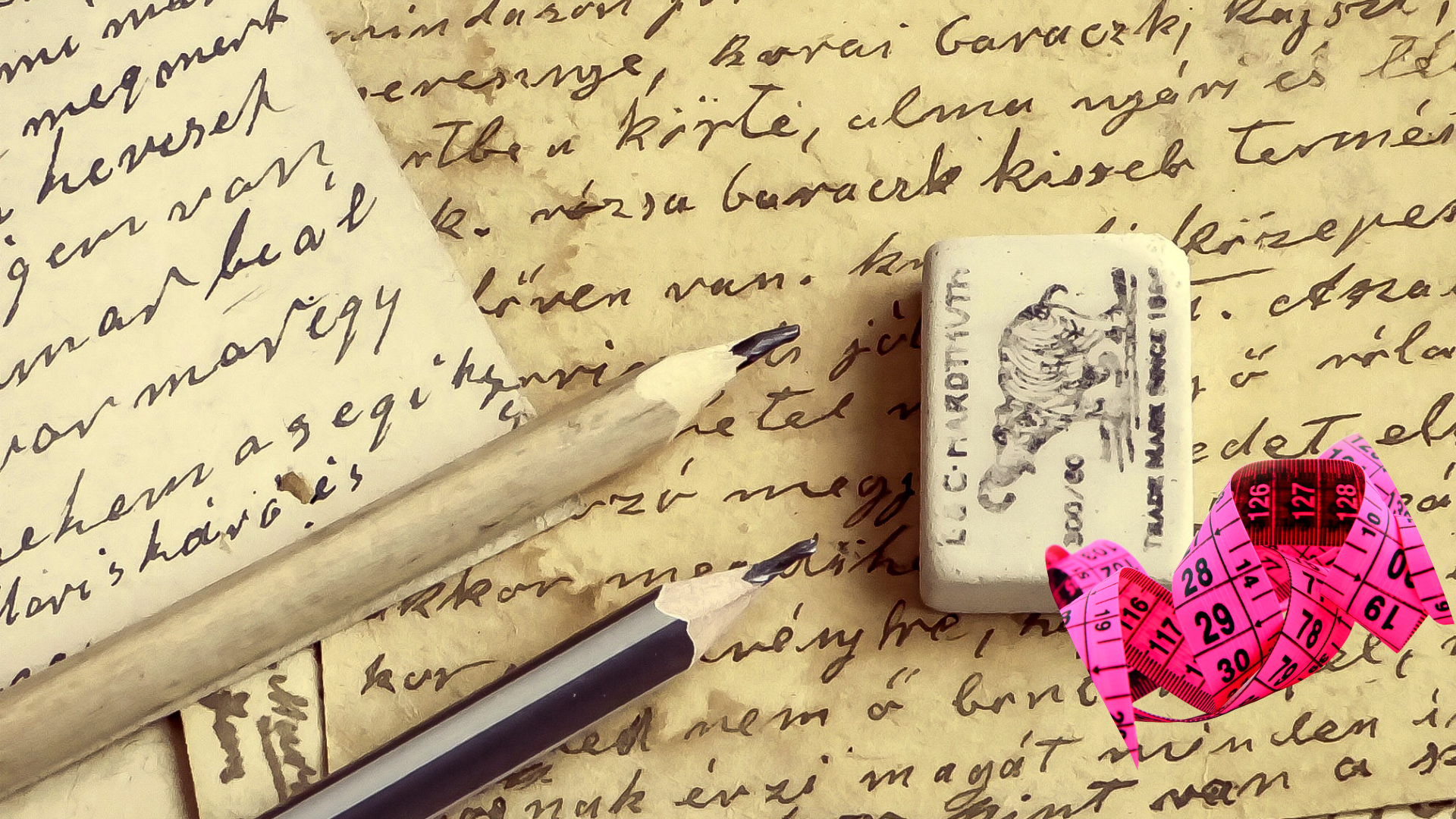 Texto escrito en cursiva, lápiz, goma y cinta métrica.