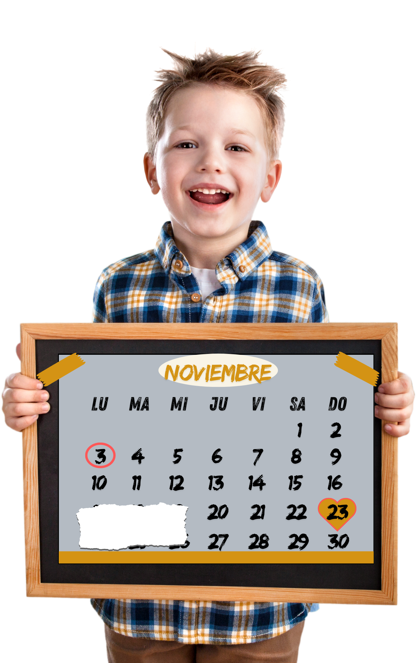 NIÑO CON PIZARRA CON CALENDARIO MARCANDO EL LUNES 3