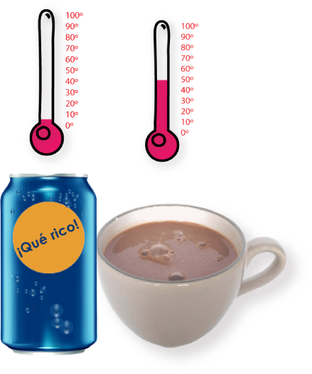 Taza de chocolate, lata de refresco y termómetros con temperatura diferente sobre cada objeto 