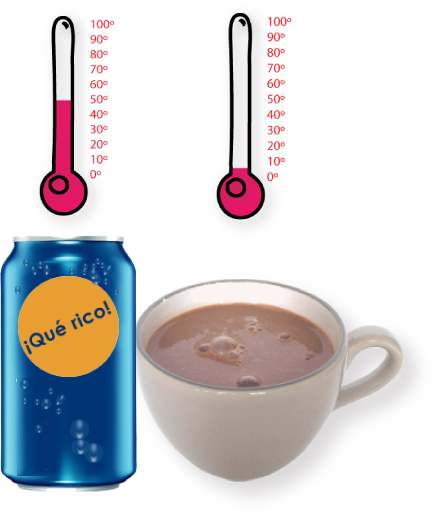 Taza de chocolate, lata de refresco y termómetros con temperatura diferente sobre cada objeto 