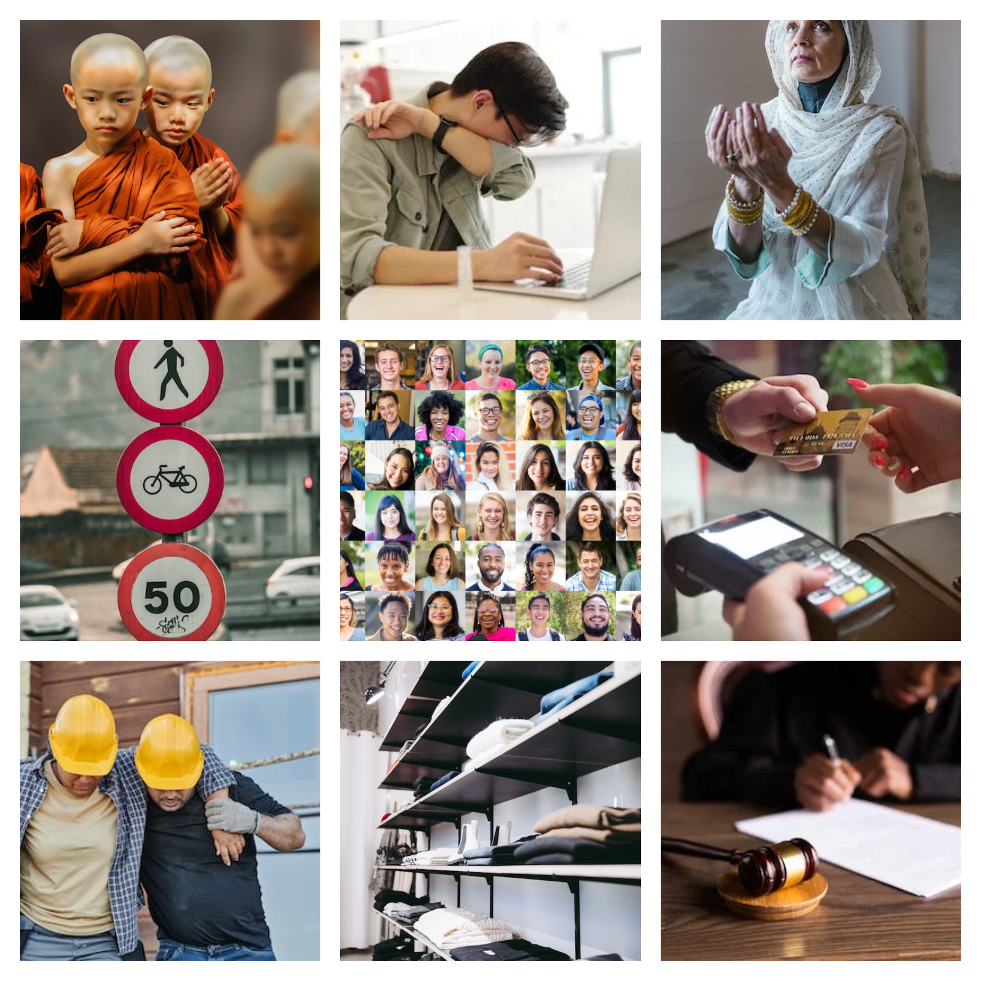 Collage de fotos que muestran escenas relacionadas con normas sociales 