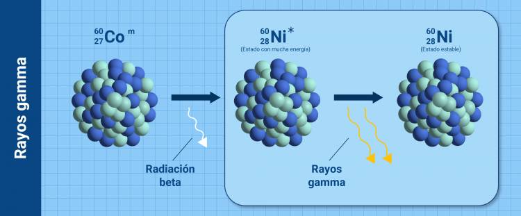 En la figura se muestra un mecanismo simplificado. En primer lugar, se emite radiación beta desde el núcleo del cobalto 60, que se transforma en níquel 60 en un estado con mucha energía (*Ni-60). Este estado pierde energía rápidamente mediante la emisión de dos rayos gamma que dan lugar a níquel 60 estable.