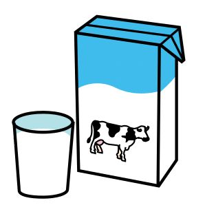 caja de leche y vaso con líquido (leche)