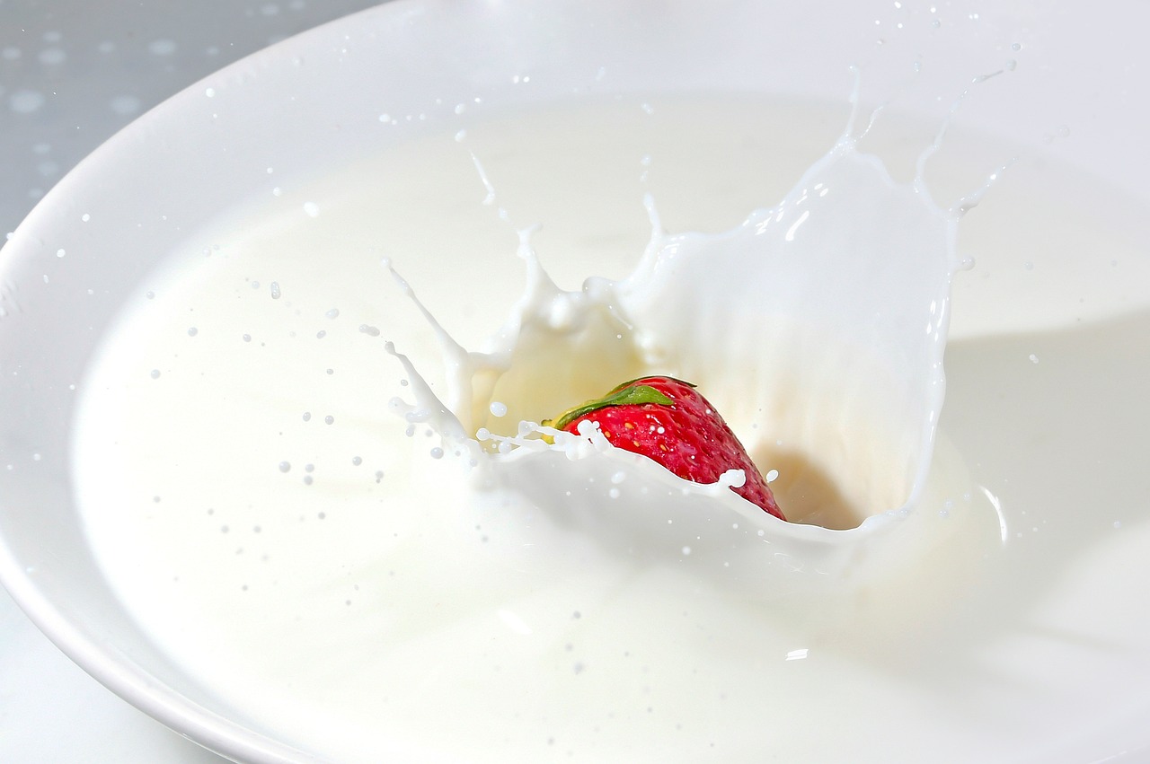 plato que contiene leche y una frutilla cayendo sobre la leche
