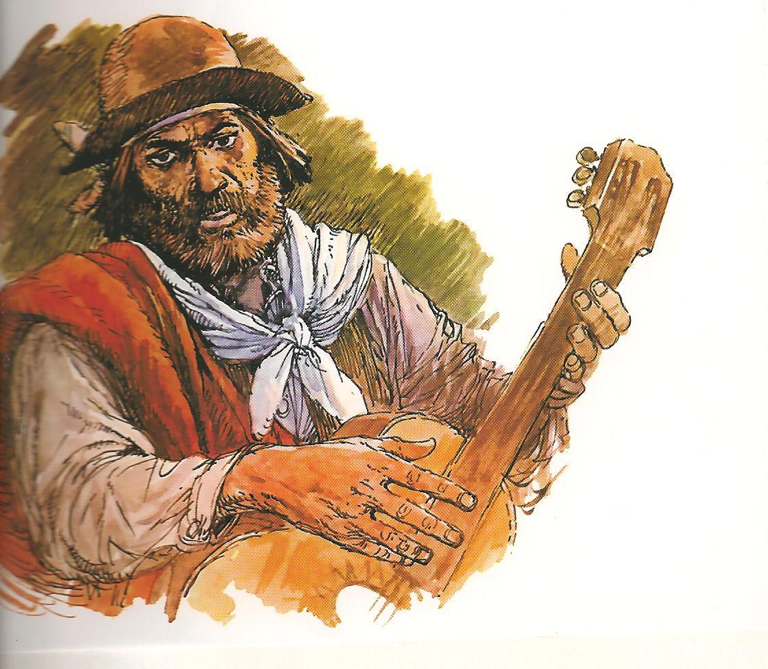 Ilustración de personaje Martín Fierro con guitarra en manos