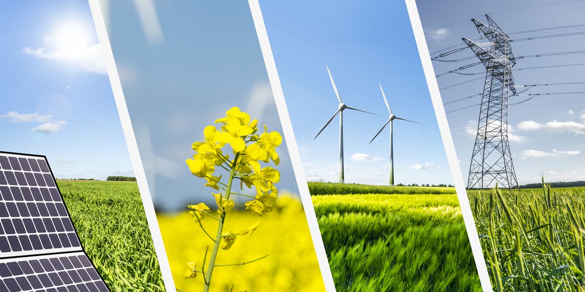 Collage de fotografías que muestra paneles solares, tierra, campo y naturaleza, molinos de viento y antenas eléctricas