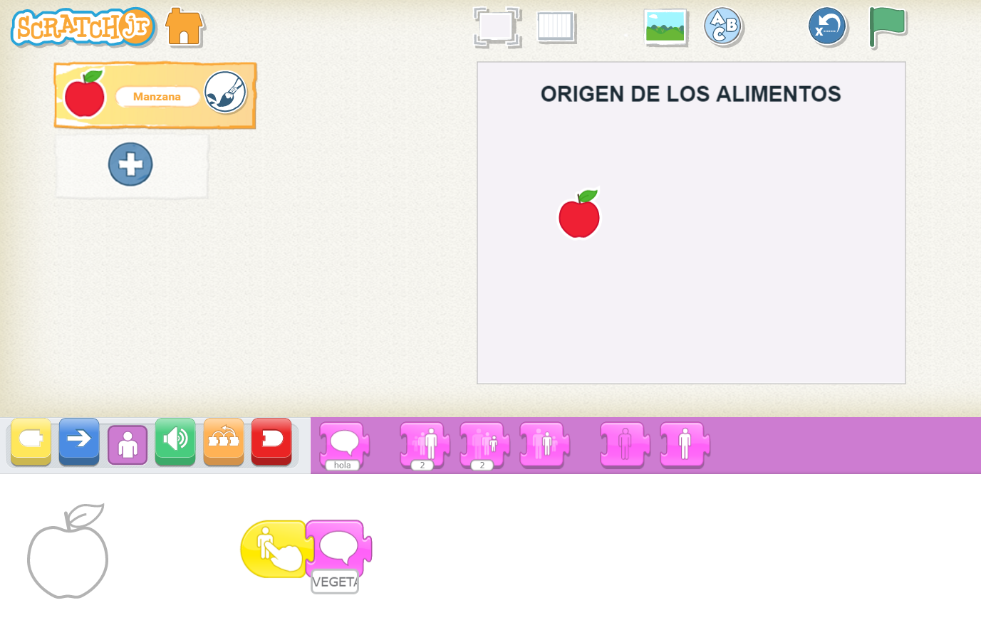 Captura de imagen de Scratch Jr con la programación de una manzana que al cliquear dice vegetal