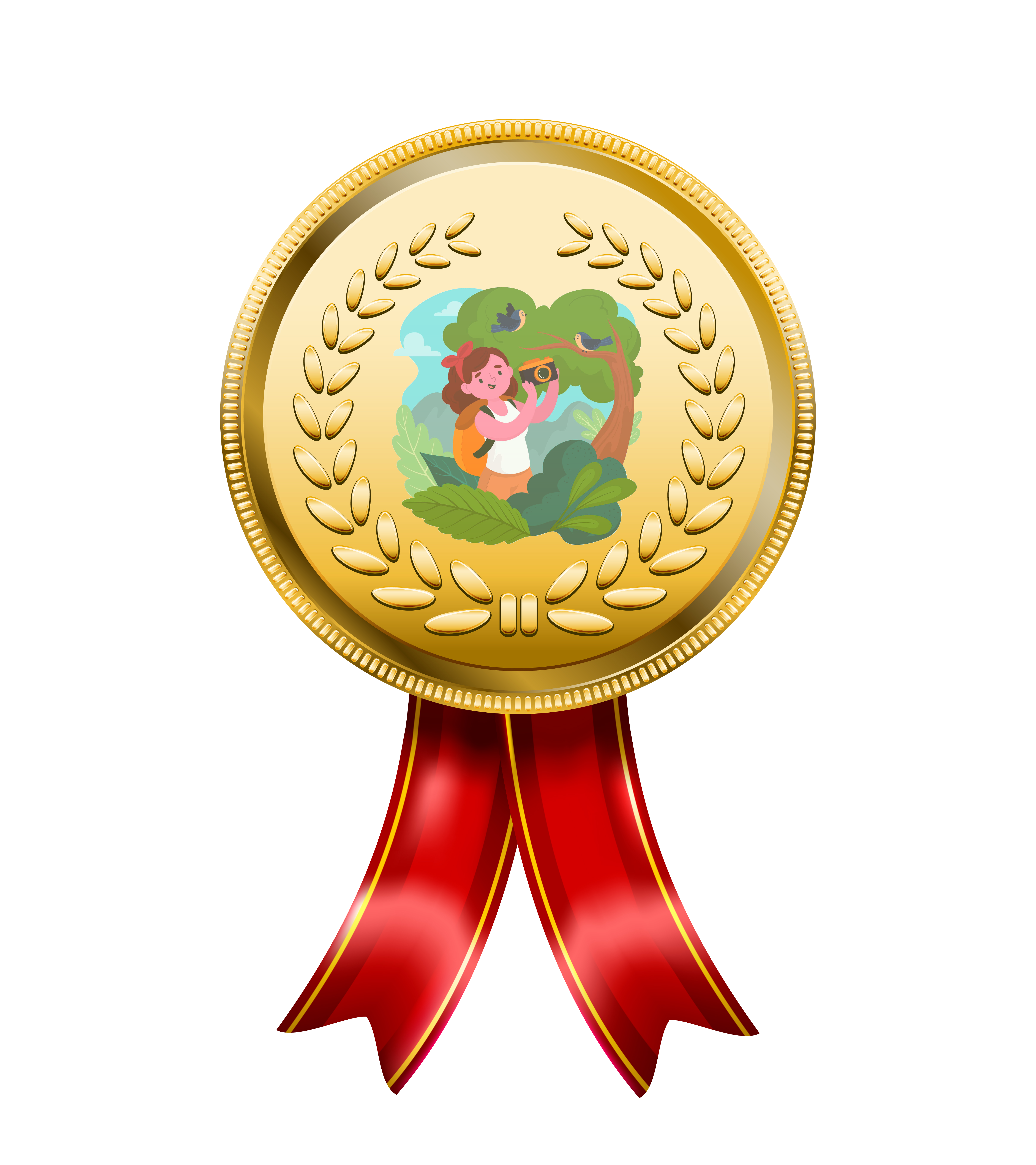 Medalla con imagen de niña tomando fotos de la naturaleza