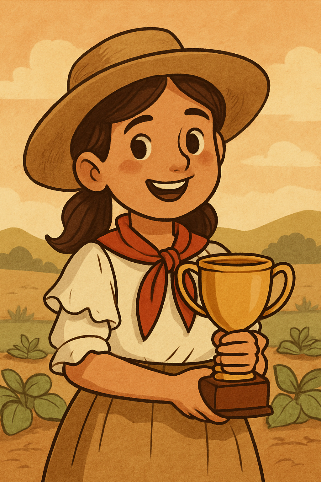 Hay una niña del campo con un trofeo en sus manos.