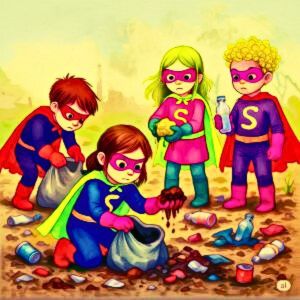 Niños y niñas superhéroes y superheroínas salvando al suelo